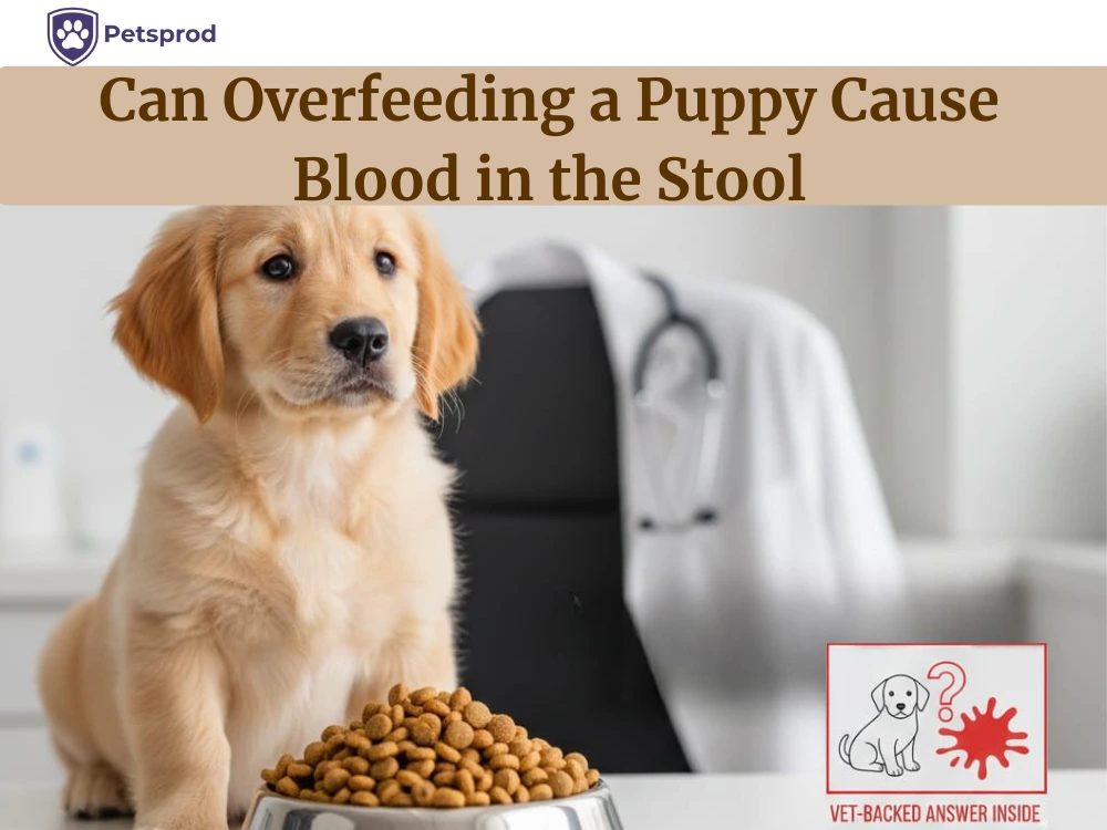 Golden retriever puppy sitting beside a bowl full of kibble, featured in an article about whether overfeeding can cause bloody stool in puppies