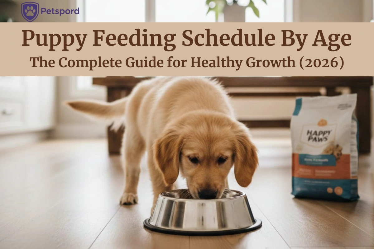 Golden retriever puppy eating from a feeding