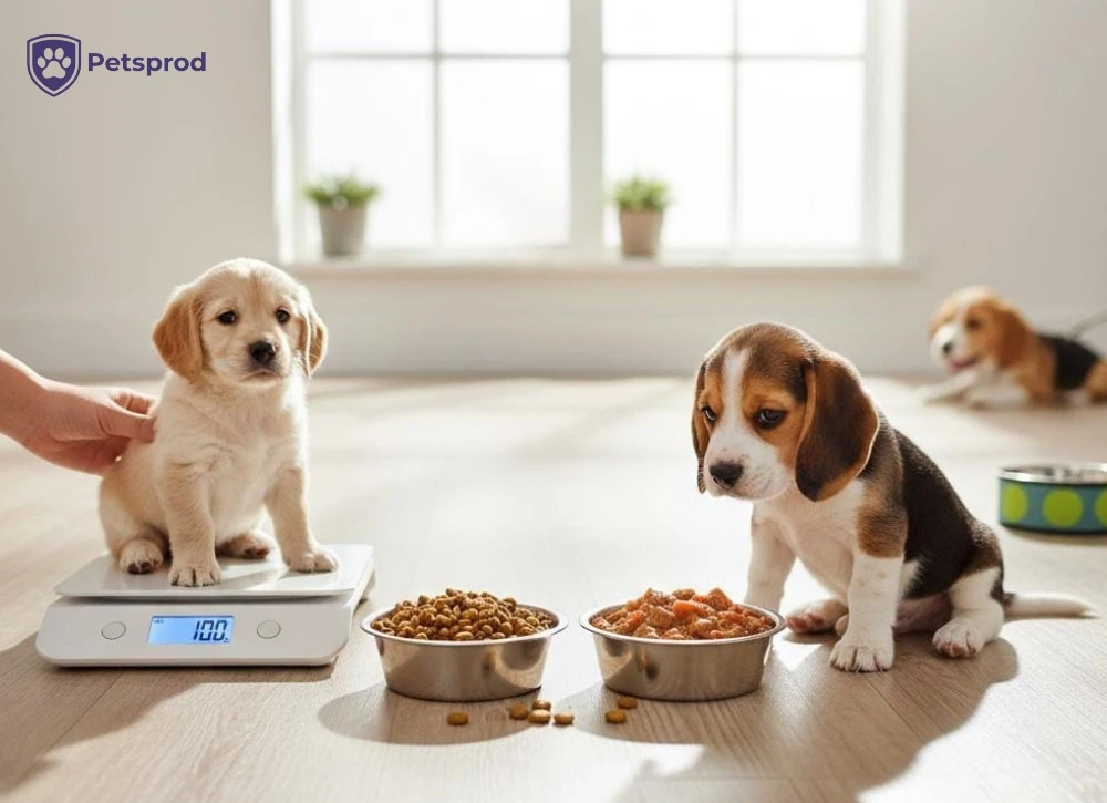 A golden retriever puppy sitting on a digital weight scale next to two bowls of food, representing precise portion control and weight monitoring for healthy growth.