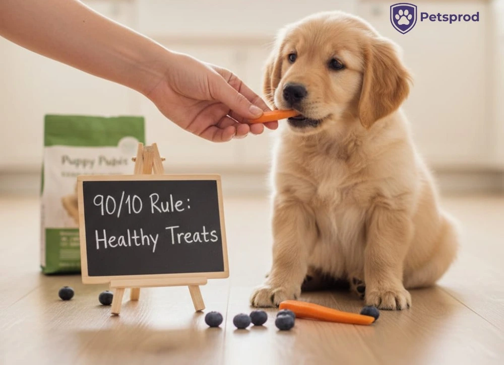 A golden retriever puppy eating a carrot next to a chalkboard displaying the 90/10 Rule for healthy treats.