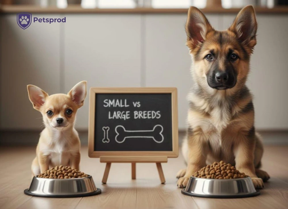  A small Chihuahua puppy and a large German Shepherd puppy sitting next to their food bowls with a "Small vs Large Breeds" sign.