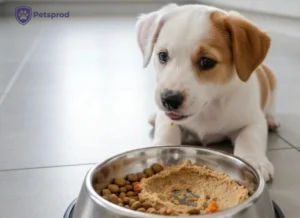 A cute puppy looking at a bowl of softened puppy mush and kibble, illustrating the weaning phase feeding transition.