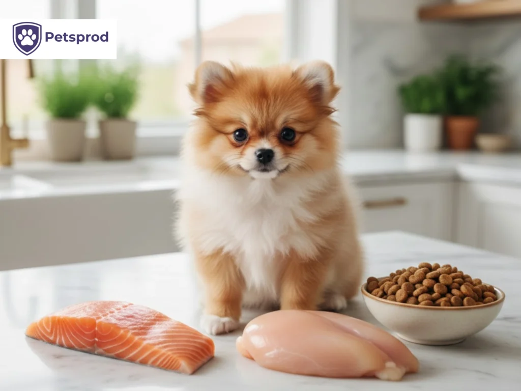 Tiny Pomeranian puppy on kitchen counter with fresh salmon fillet, raw chicken breast and premium kibble bowl showing what to feed a small breed puppy