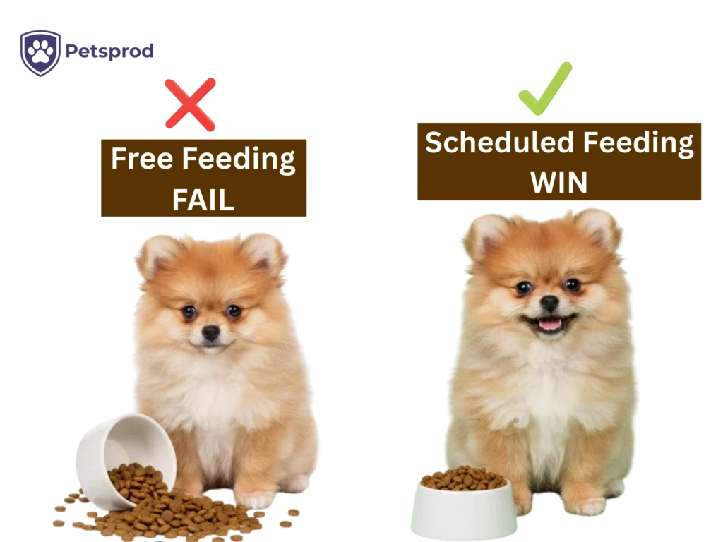 Pomeranian puppy beside overflowing food bowl showing free feeding fail compared to happy Pomeranian puppy with neat filled bowl showing scheduled feeding win for small breed puppies