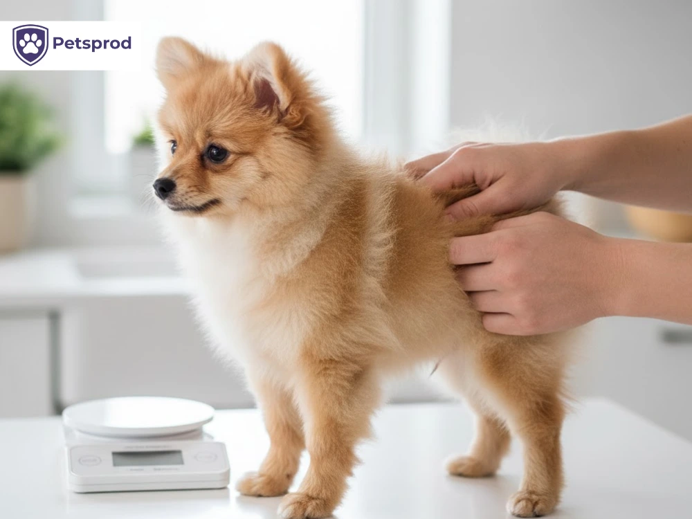 Owner gently checking small Pomeranian puppy ribcage beside a digital kitchen scale showing how to monitor if your puppy feeding plan is working