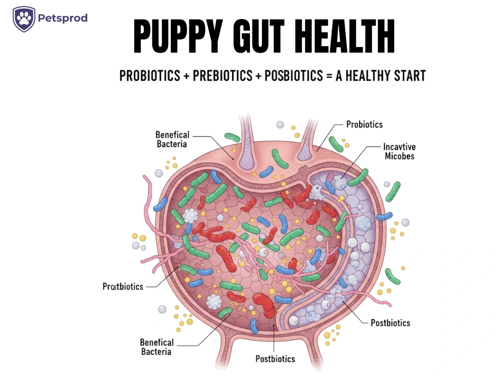 Puppy gut health infographic showing probiotics prebiotics and postbiotics for healthy digestion