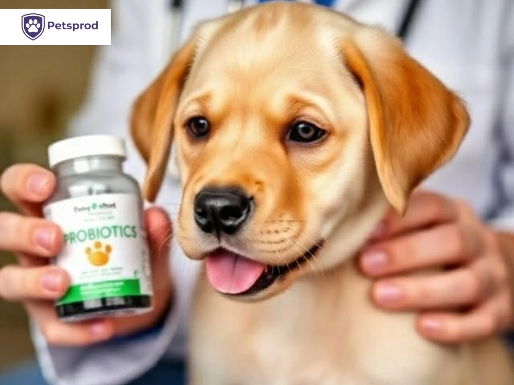 Labrador puppy with owner holding probiotics supplement bottle for gut health