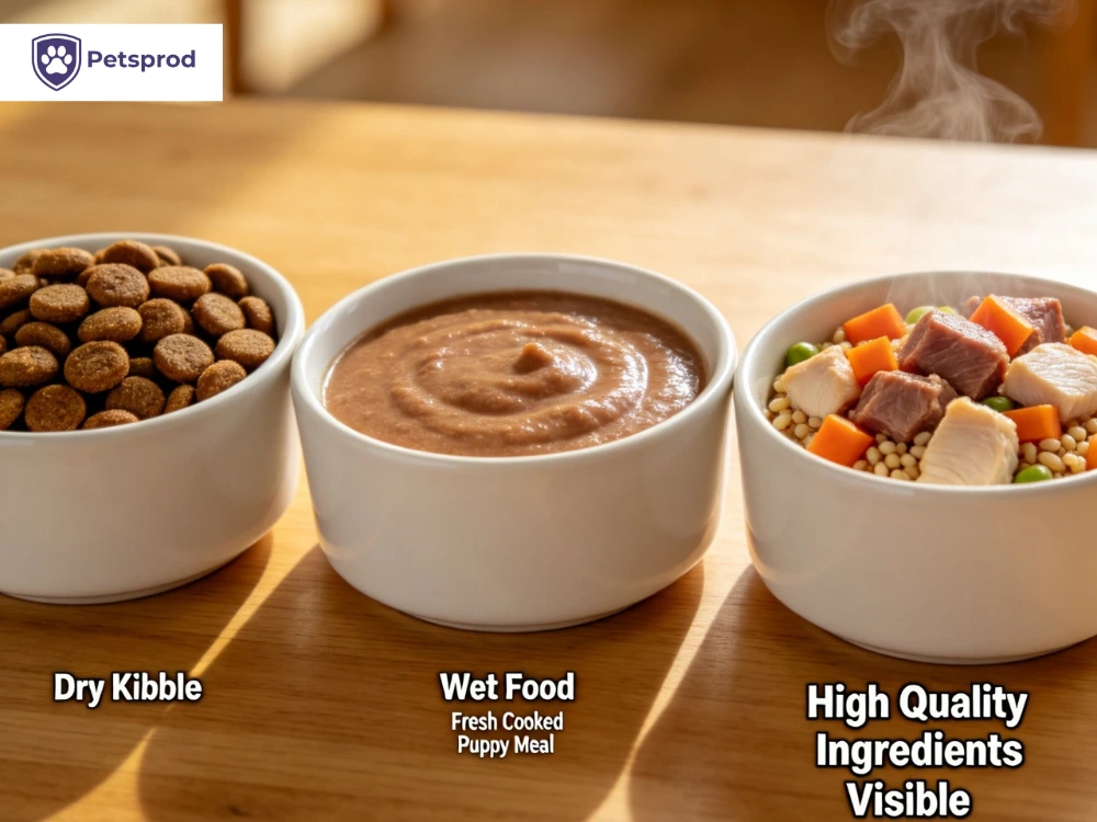 Three bowls showing dry kibble wet food and fresh cooked puppy meal comparison