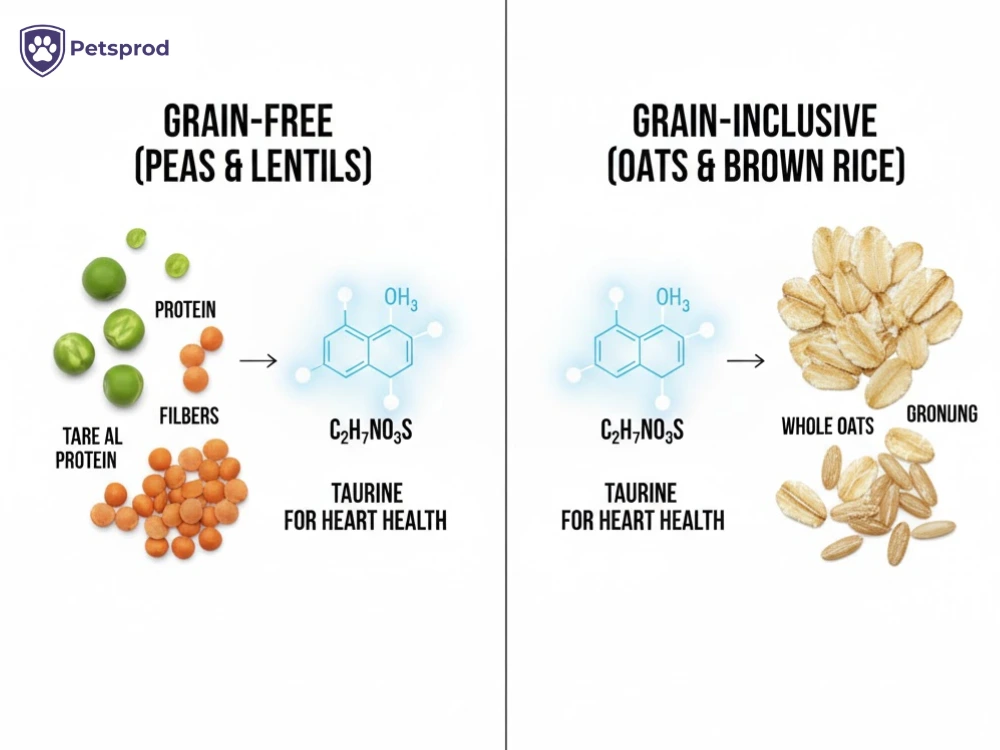 Grain-free peas lentils vs grain-inclusive oats rice, showing taurine for puppy heart health