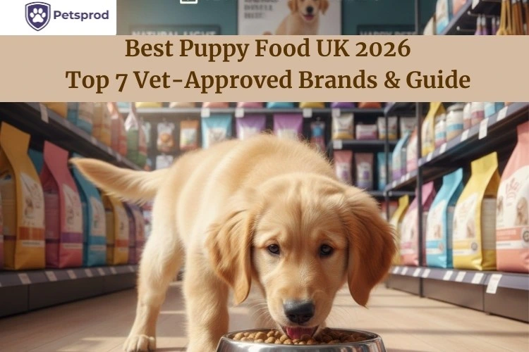 Golden retriever puppy eating dog food in pet store with puppy food brands
