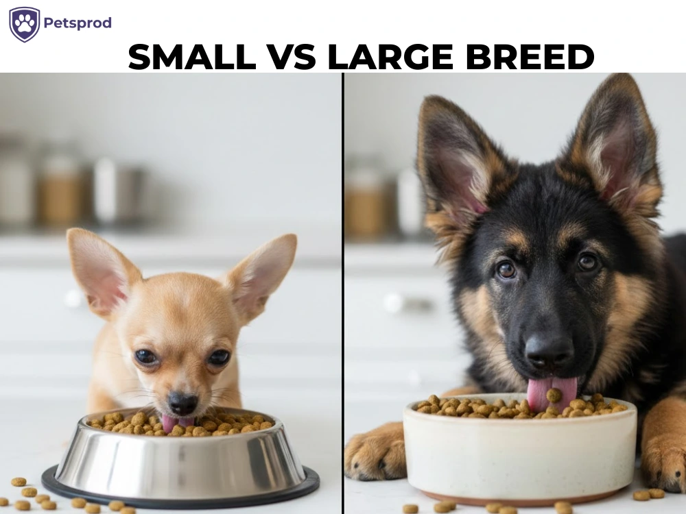 Chihuahua and German Shepherd puppy eating showing small vs large breed feeding differences