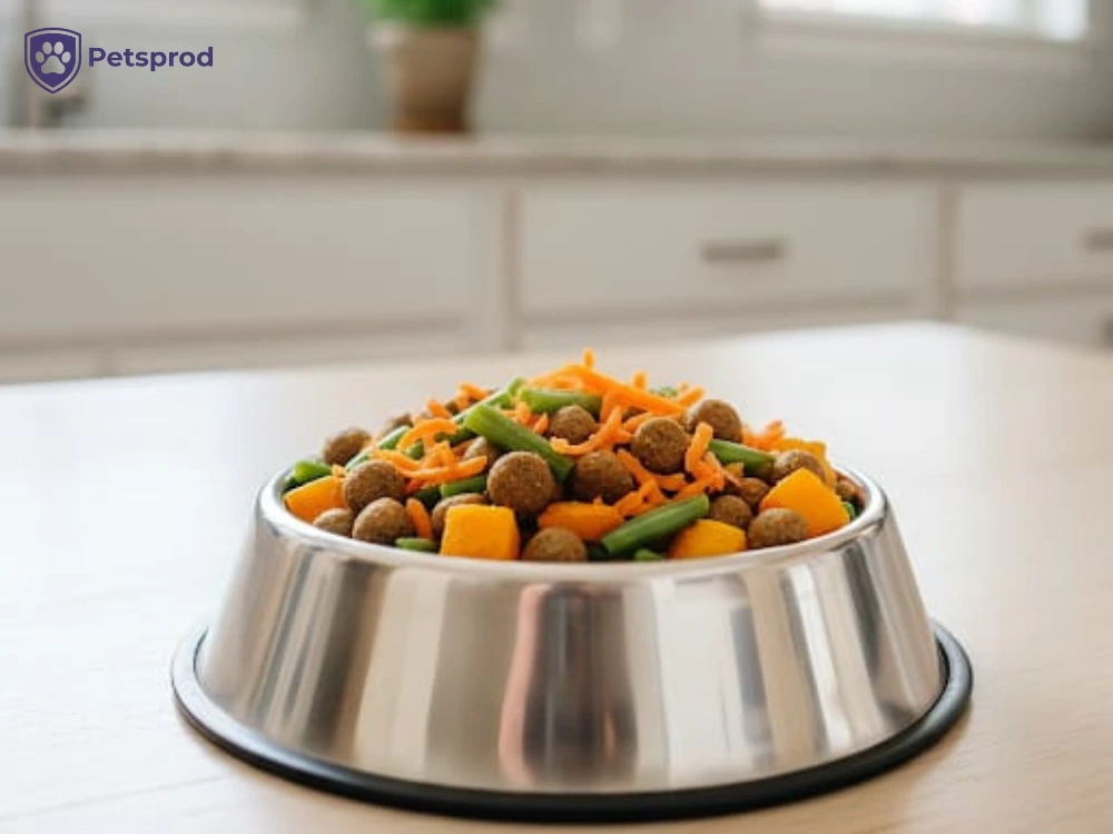 Dog food bowl filled with kibble and low-calorie vegetables - volume feeding strategy for Labs and Golden Retrievers