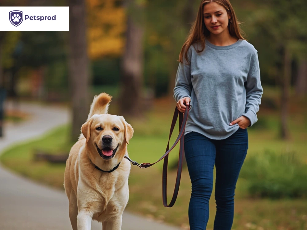Healthy weight Yellow Labrador enjoying walk with owner - preventing obesity-related health complications through exercise