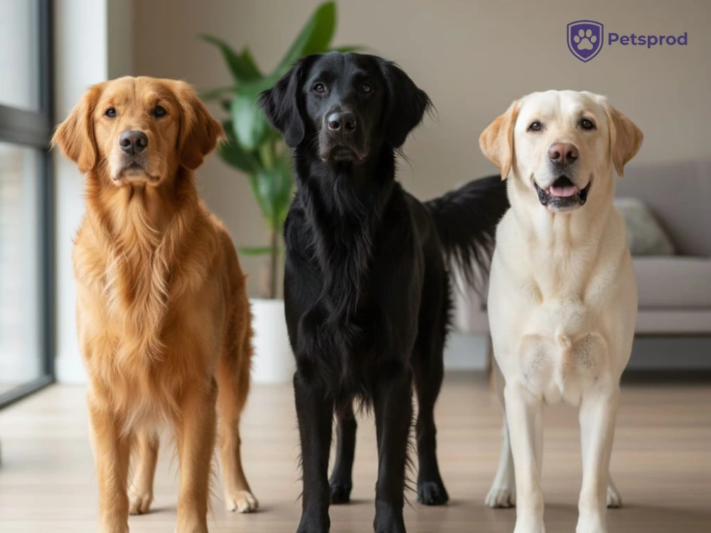 Three retriever dogs side by side - Golden Retriever, Black Labrador, and Yellow Labrador comparison showing breed differences