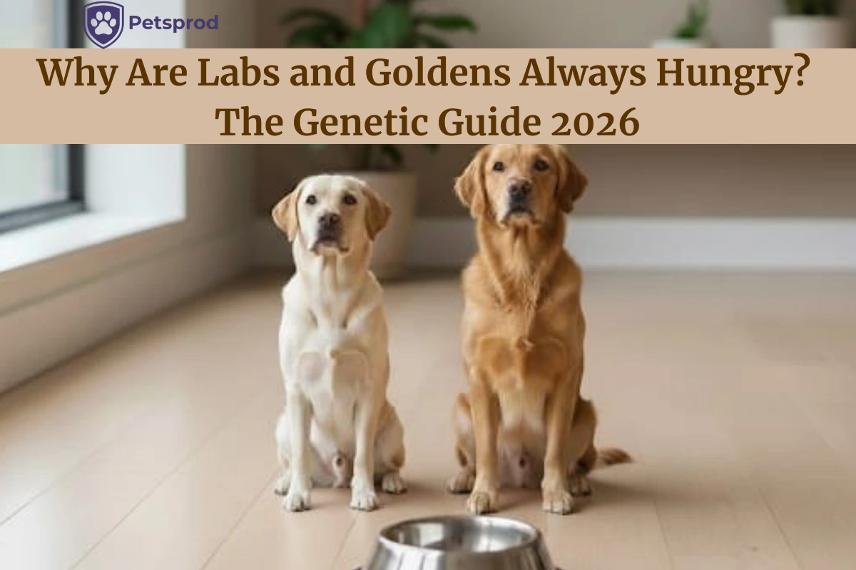 Two Retrievers sitting by food bowl waiting to eat - illustrating genetic hunger in Labs and Golden Retrievers
