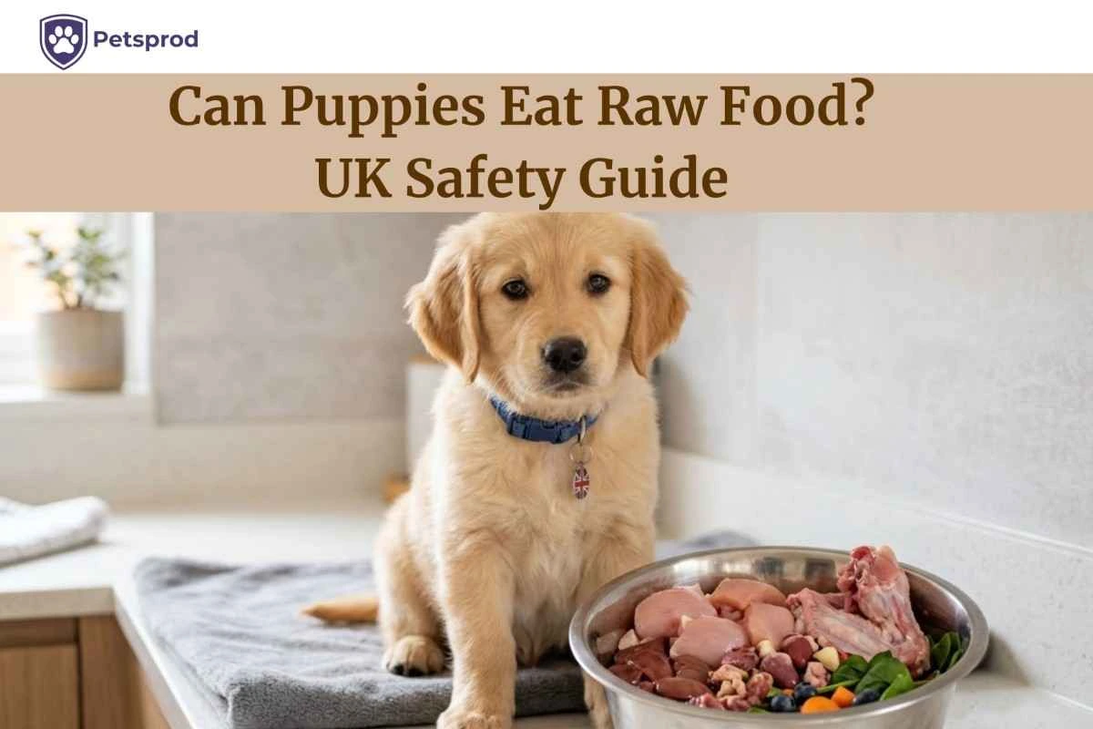 golden retriever puppy sitting next to steel bowl filled with raw meat and organs - can puppies eat raw food? UK safety guide