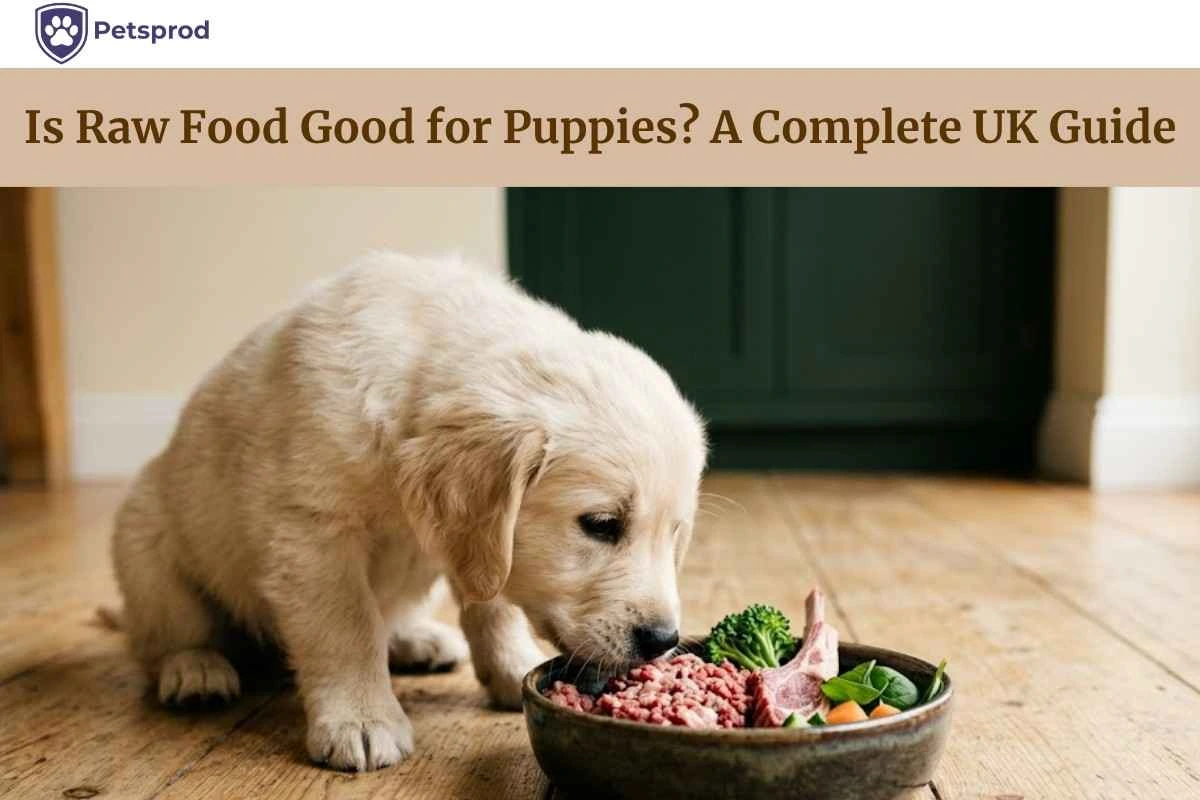 golden retriever puppy eating raw food from bowl