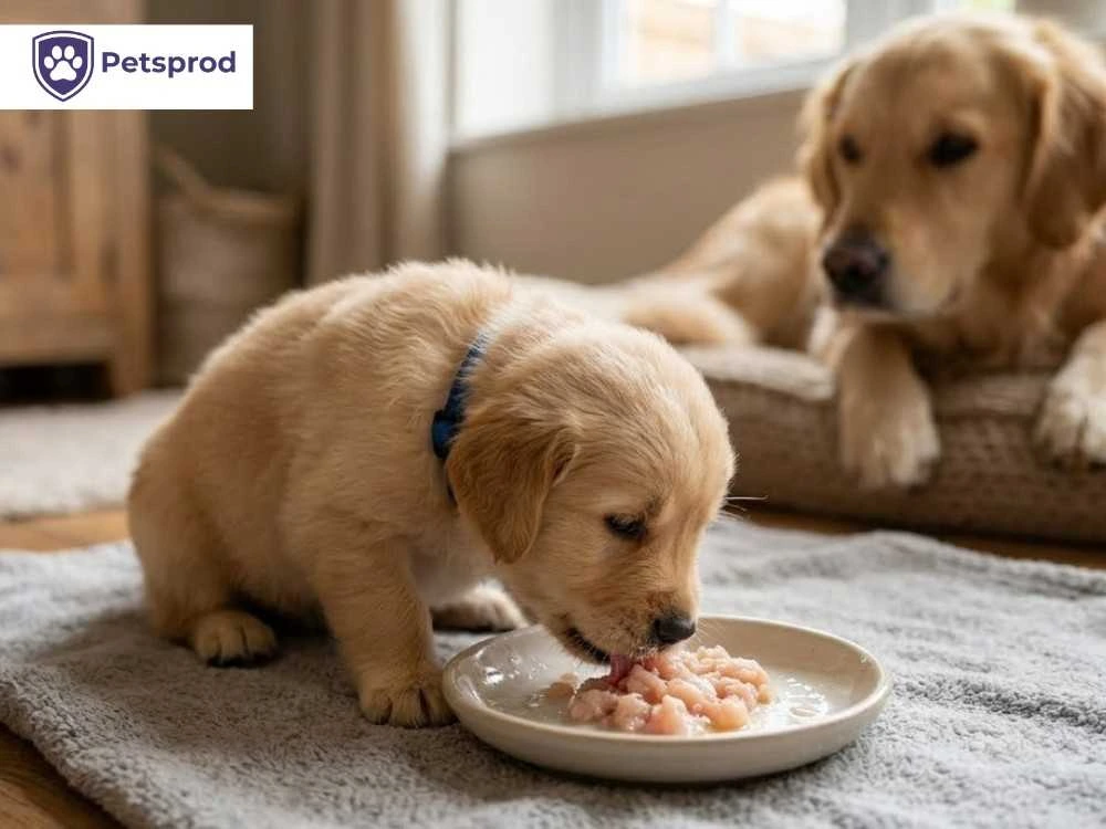 tiny golden retriever puppy eating fine minced raw food from shallow bowl with mother dog watching - when can puppies start raw food UK