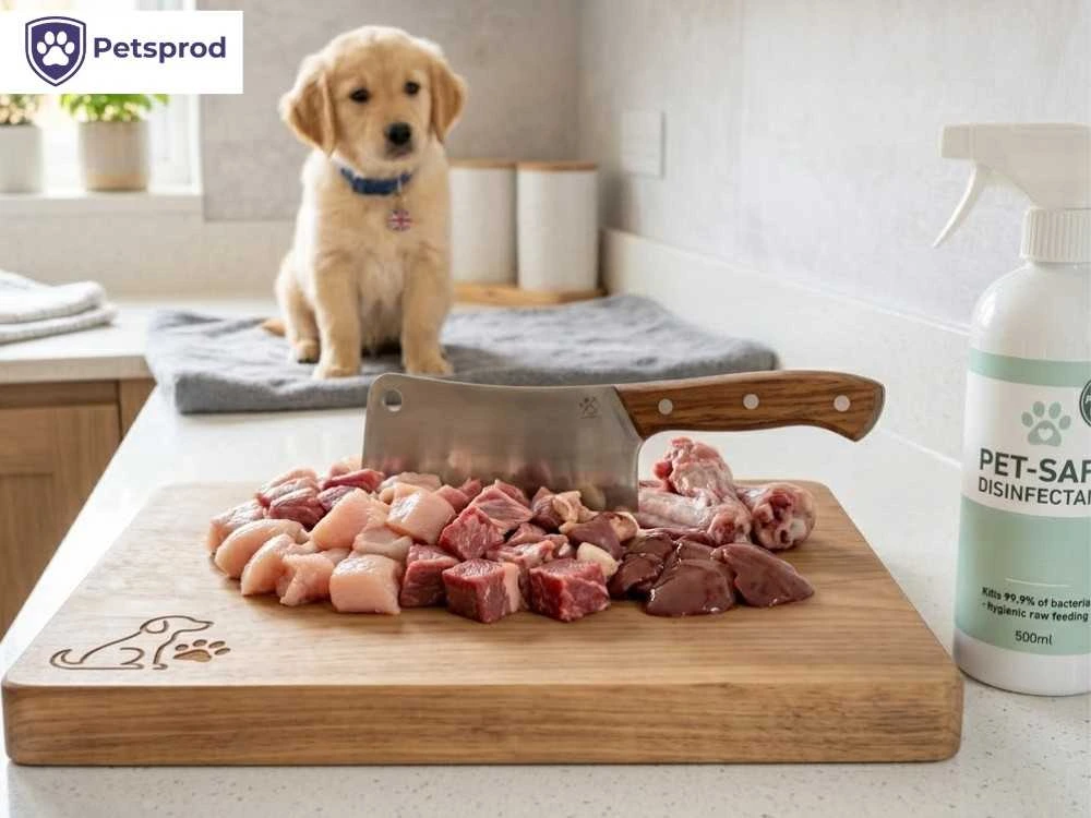 raw puppy food on dedicated chopping board with pet safe disinfectant and golden retriever puppy watching - UK raw feeding safety rules