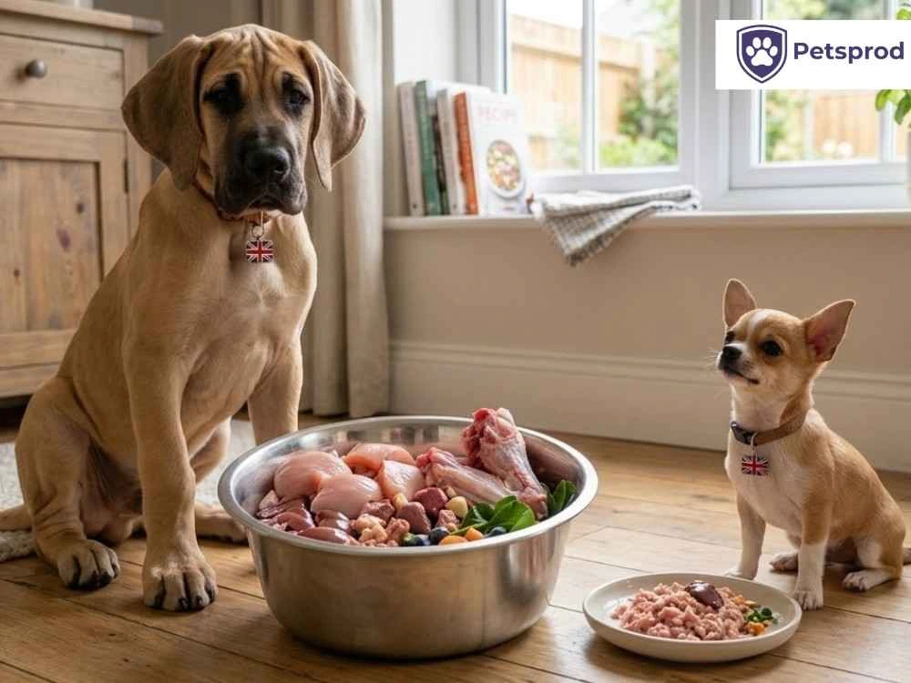 great dane and chihuahua sitting next to different sized raw food bowls - large breed vs small breed raw feeding UK