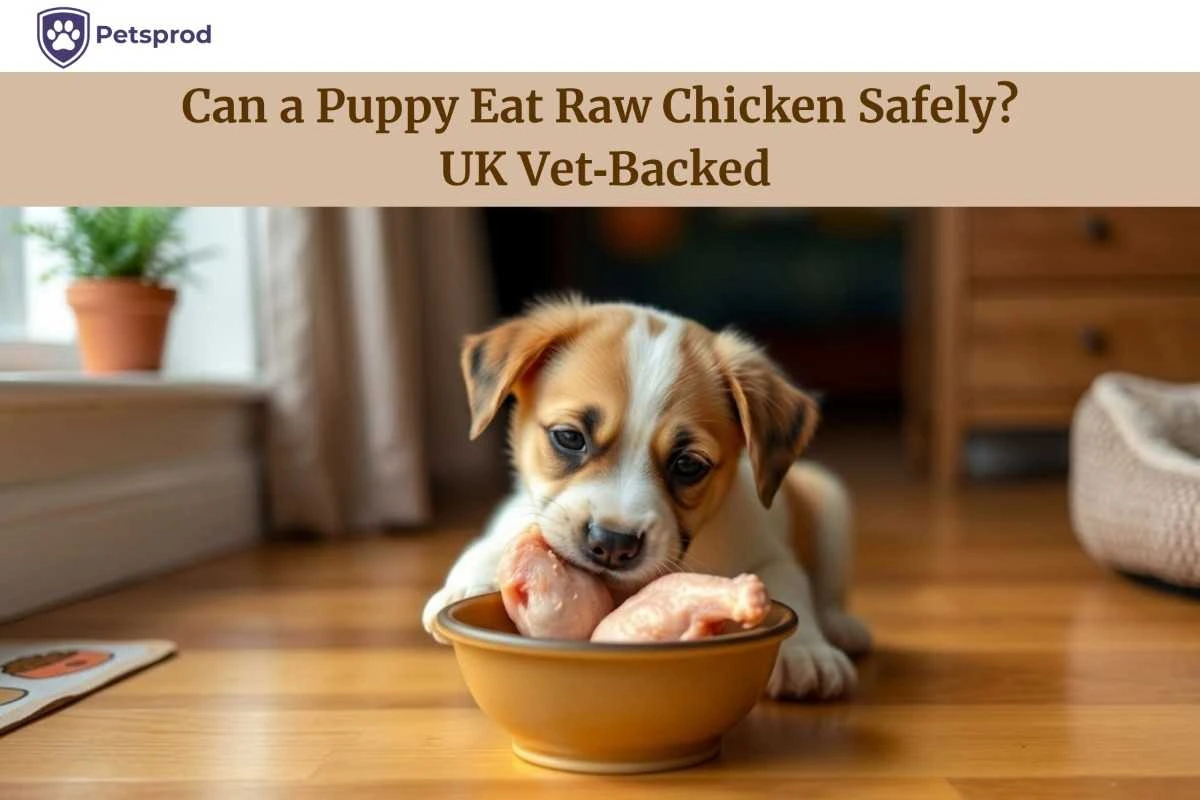 puppy eating raw chicken from bowl on wooden floor