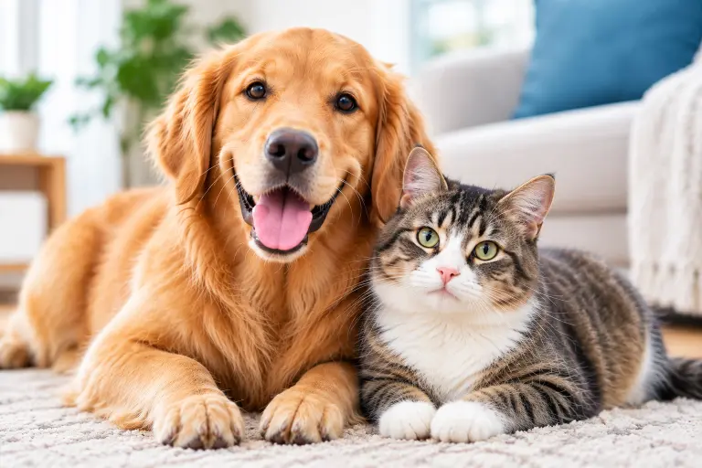 Golden retriever and tabby cat together